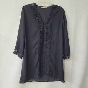 Miyang Black Tunic Dress with Crochet Trim‎ - Elegant Casual Cover Up Medium